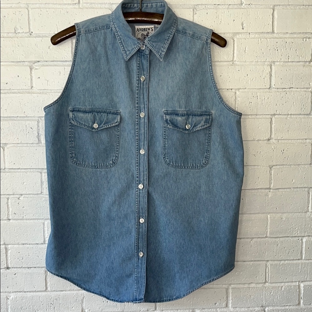 Vintage Andrew’s Blues Women Medium Blue Sleeveless Button-Down Front Pockets